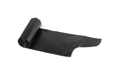 Garbage Bag Roll Isolated. Trash Package, New Rolled Plastic Bin Bags, Black Polyethylene Waste Container on White Background