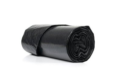 Garbage Bag Roll Isolated. Trash Package, New Rolled Plastic Bin Bags, Black Polyethylene Waste Container on White Background