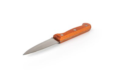 Çelik Mutfak Bıçağı İzole, Kullanışlı Mutfak Bıçakları, Beyaz Arkaplanda Tahta saplı Küçük Bıçak