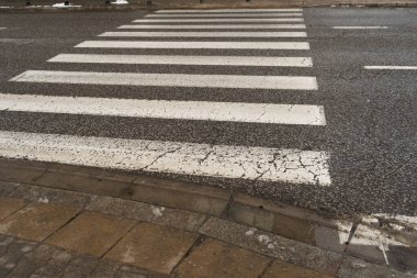 Paved Pedestrian Crossing, Red White Crosswalk, Safety Zebra on Modern Tiles Pathway