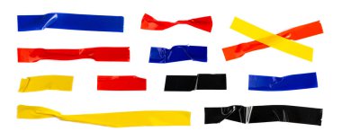 Colored Electrical Sticky Tapes, Adhesive Pieces Isolated, Plastic Duct Tape Strips, Colourful Adhesive Tapes on White Background