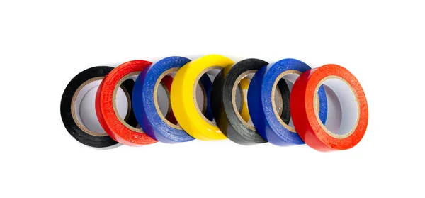 Kleurrijke Elektrische Tape Geïsoleerd Plastic Duct Tape Rolls Gekleurde Kleefbanden — Stockfoto
