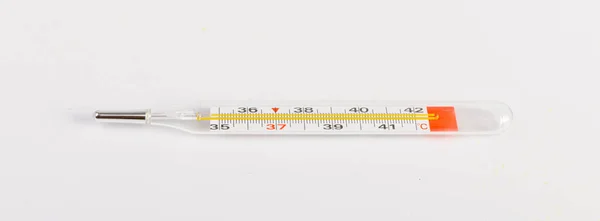Termômetro Médico Isolado Medição Temperatura Febre Termômetro Médico Vidro Fundo — Fotografia de Stock