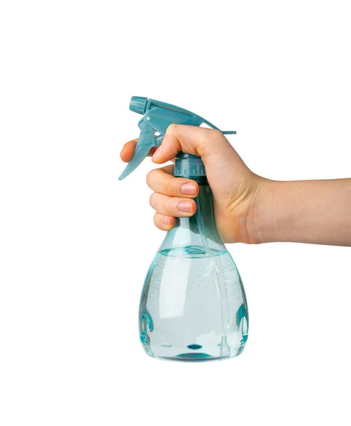 手にスプレーボトル分離 水と青のスプレー ミニフラワースプレーガン プラスチック粉砕機 白い背景にスプレーボトル — ストック写真