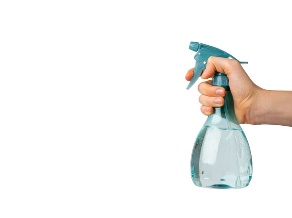 手にスプレーボトル分離 水と青の噴霧器 ミニフラワースプレーガン プラスチック粉砕機 白い背景にスプレーボトル クリッピングパス — ストック写真