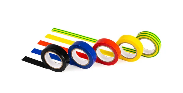 Blue Red Electrical Tape Lines Isolated Plastic Duct Tape Rolls — Zdjęcie stockowe