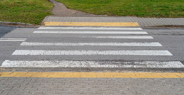 Paved Pedestrian Crossing, Red White Crosswalk, Safety Zebra on Modern Tiles Pathway
