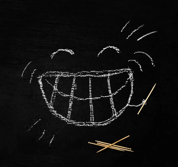 Chalked Smile Wooden Toothpicks Black Background Drawn Character Holds Tooth — Stock Photo, Image