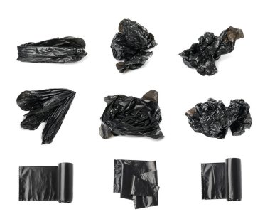 Garbage Bag Roll Isolated. Trash Package, New Rolled Plastic Bin Bags, Black Polyethylene Waste Container on White Background