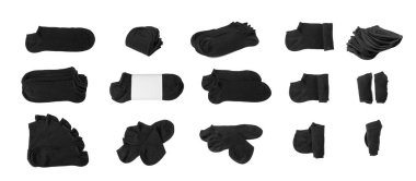 New Black Cotton Sock Isolated. Folded Sportswear, Classic Unisex Cotton Socks, Casual Hosiery on White Background Top View clipart