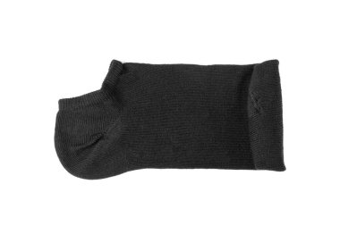 New Black Cotton Sock Isolated. Rolled Sportswear, Classic Unisex Cotton Socks, Casual Hosiery on White Background Top View