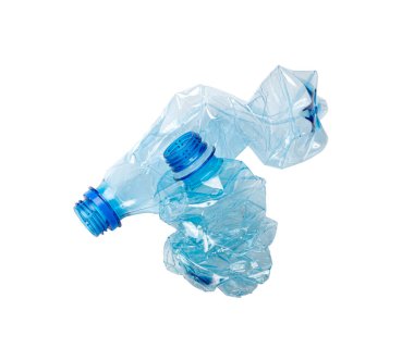 Blue Empty Plastic Bottle Isolated, Crumpled Plastic Bottle, Global Pollution Concept, Squashed Water Pet Bottles on White Background, Clipping Path