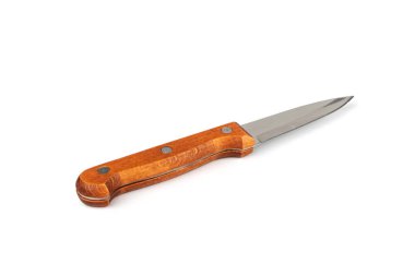 Çelik Mutfak Bıçağı İzole, Kullanışlı Mutfak Bıçakları, Beyaz Arkaplanda Tahta saplı Küçük Bıçak