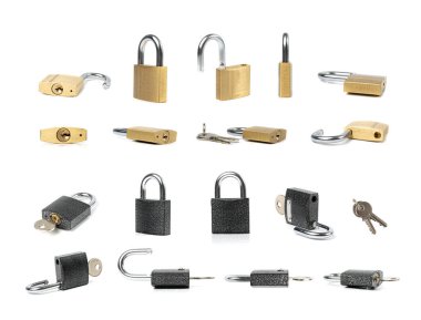 Kapalı Kilit İzole Edildi, Kilitli Altın Asma Kilit Anahtarı Beyaz Arkaplanda, Metalik Kilit, Gizlilik, Güvenlik Konsepti