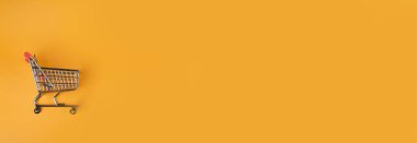 Shopping Basket on Yellow Background, Shopping Cart, Shop Cart Mockup, Empty Trolley, Supermarket Cart with Copy Space