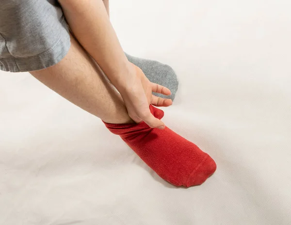 Legs Different Socks March World Syndrome Day Red Grey Socks — стоковое фото