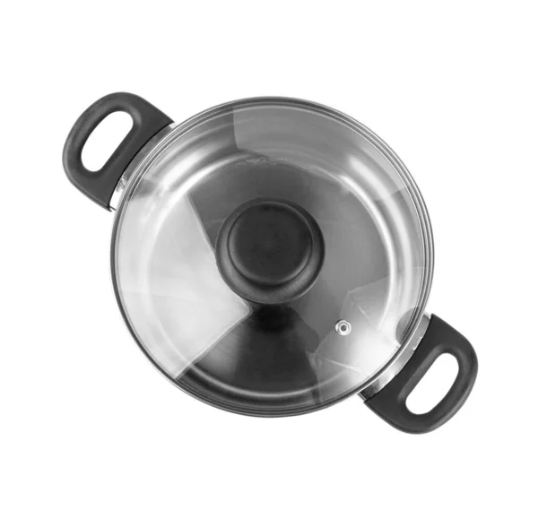 Nowy Garnek Odizolowany Metalowy Rondel Szklaną Pokrywą Naczynia Gotowania Zupy — Zdjęcie stockowe