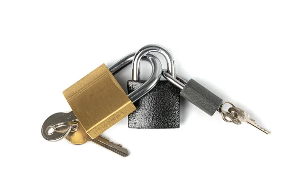 Three Closed Locks Isolated Golden Black Padlocks Locked Together White — Stock Photo, Image