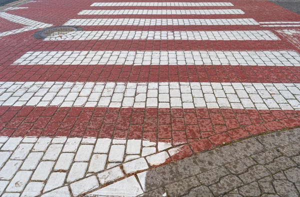 Paved Pedestrian Crossing Red White Crosswalk Safety Zebra Modern Tiles — Photo