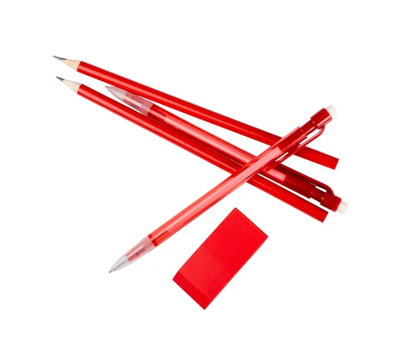 Red Pencil Pen Eraser Isolated White Background Bright Red Stationery — Φωτογραφία Αρχείου