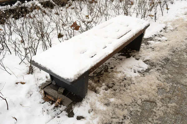Wooden Bench Snow Frozen Winter Park Outdoor City Architecture Snowy — Stock Photo, Image