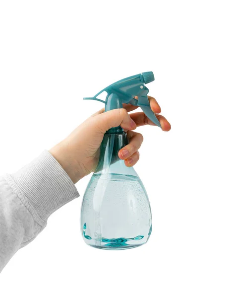 Spray Palack Kézben Izolált Kék Permetező Vízzel Mini Virág Permetező — Stock Fotó