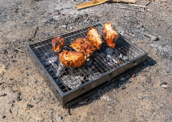 Small Grill Portable Barbecue Meat Bbq Flame Smoke Mini Barbecue — Stock Photo, Image