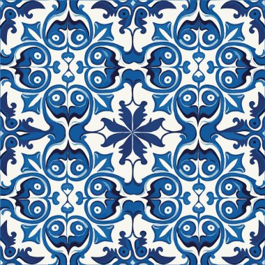 Retro Azulejo Mosaic Tile, Vintage Portuguese Wall Ceramic Seamless Pattern, Old Blue Tiles Background, Abstract Flower Tile