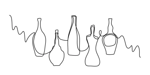 Wijnflessen Continu Line Draw Minimalistische Monoline Wijnfles Alcohol Drink Container — Stockvector