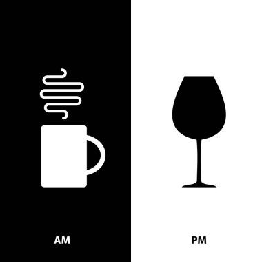 AM PM Icon, Morning Coffee Time, Evening Wine Time Symbol, Fun Daily Schedule, Day and Night Sign, AM PM Vector Illustration
