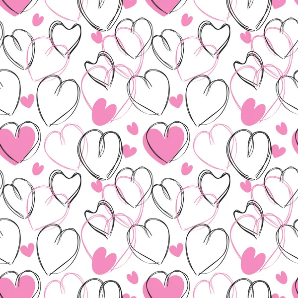 Ručně Kreslené Srdce Bezešvé Vzor Láska Doodle Dlaždice Skica Štětec — Stockový vektor