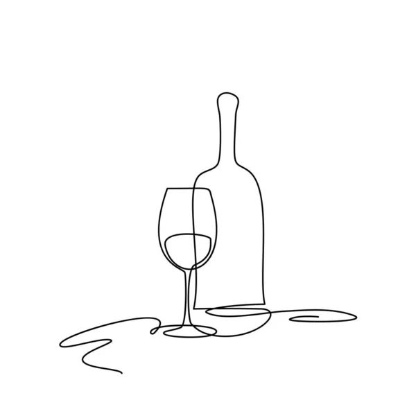 ワイングラスとボトル連続ラインドロー 最小限のモノリンウィネグラス シャンパンアルコールドリンクホリデードローイング シングルワンラインワイングラスイラスト — ストックベクタ