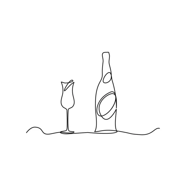 Bicchiere Vino Bottiglia Linea Continua Disegna Bicchiere Vino Monoline Minimalista — Vettoriale Stock
