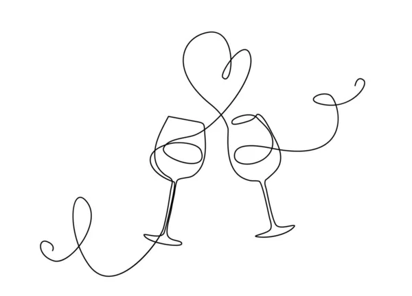 Wine Glass Glass Cheering Continuous Line Draw Heart Minimalistic Monoline — Stock Vector