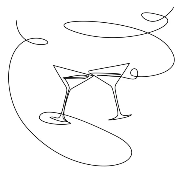 Косметический Коктейль Glass Cheering Continuous Line Draw Тост Monoline Martini — стоковый вектор