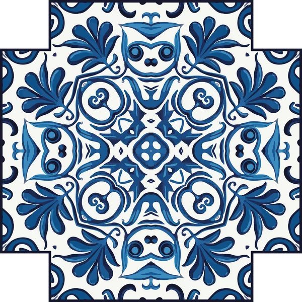 蓝瓷砖背景 旧断层复古阿祖列霍马赛克瓷砖 古色古香葡萄牙壁瓷无缝线花纹 蓝抽象花纹 — 图库矢量图片