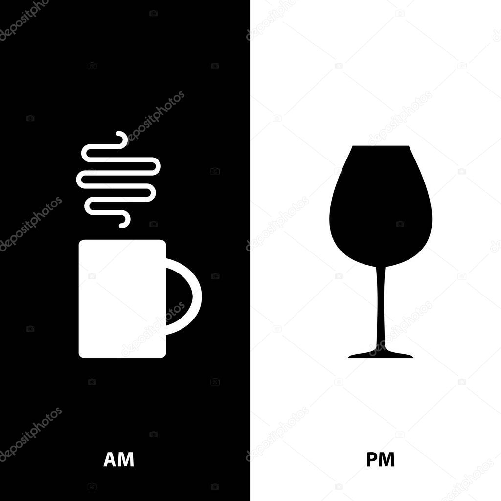 AM PM Icon, Morning Coffee Time, Evening Wine Time Symbol, Fun Daily Schedule, Day and Night Sign, AM PM Vector Illustration