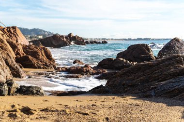 Foamy Sea Waves, Storm on Rocky Beach Texture Background, Blue Ocean Water, Rocky Shore Pattern, Stone Shoreline, Vacation Concept