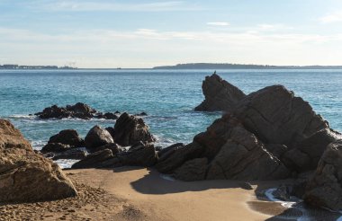 Foamy Sea Waves, Storm on Rocky Beach Texture Background, Blue Ocean Water, Rocky Shore Pattern, Stone Shoreline, Vacation Concept