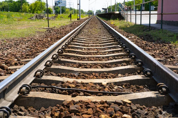 Railway Lines Closeup Train Tracks Track Ballast Stones Metal Rails Stock Picture