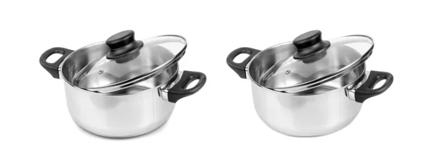 Nieuwe Kookpot Geïsoleerd Metalen Pan Met Glazen Deksel Keukengerei Glanzende — Stockfoto