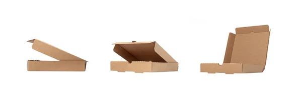 ピザボックス分離 クラフト紙配達パッケージモックアップ コピースペース付きの新しい紙容器 ホワイト背景の段ボール箱 クリッピングパス — ストック写真