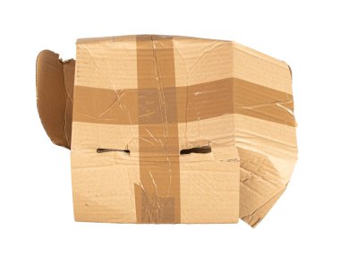 Damaged Box Isolated, Craft Paper Delivery Package, Broken Carton Packaging, Crumpled Cardboard Box on White Background