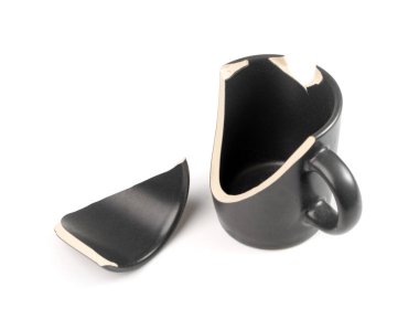 Broken Mug Isolated, Black Ceramic Cup Pieces, Smashed Teacup, Careless Concept, Empty Broken Mug on White Background