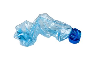 Blue Empty Plastic Bottle Isolated, Crumpled Plastic Bottle, Global Pollution Concept, Squashed Water Pet Bottles on White Background, Clipping Path