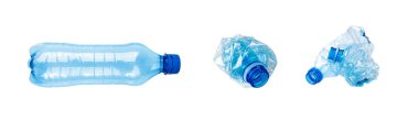 Mavi Boş Plastik Şişe Seti İzole, Buruşuk Plastik Şişe, Küresel Kirlilik Konsepti, Ezilmiş Su Şişeleri Beyaz Arkaplanda, Kırpma Yolu