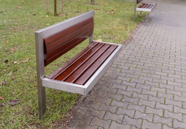 New Modern Bench in Park, Outdoor City Mimarlık, Wooden Benches, Outdoor Chair, Urban Public Mobilya, Empty Plank Seat, Comforable Bench in Recreation Area
