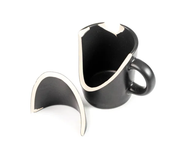 Broken Mug Isolated Black Ceramic Cup Pieces Smashed Teacup Careless — Zdjęcie stockowe
