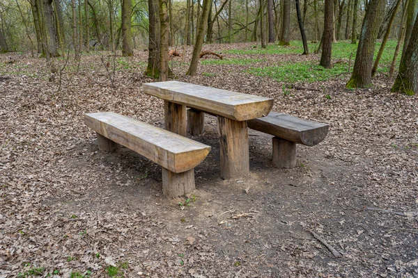 Old Wooden Tables Benches Bbq Picnic Forest Party Place Old — Stock Photo, Image