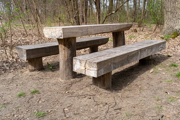 Old Wooden Tables and Benches for a BBQ Picnic, Forest Party Place, Old Shabby Wooden Tables and Benches
